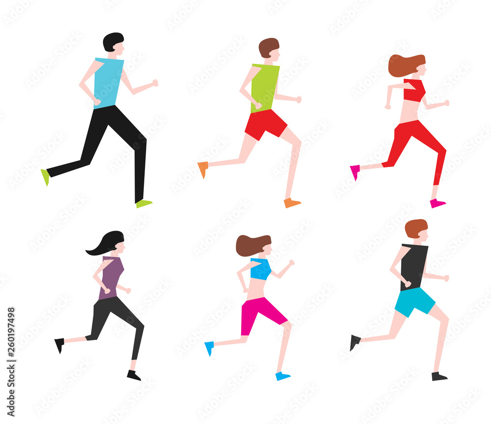Running people set in motion.Training outdoor flat vector.