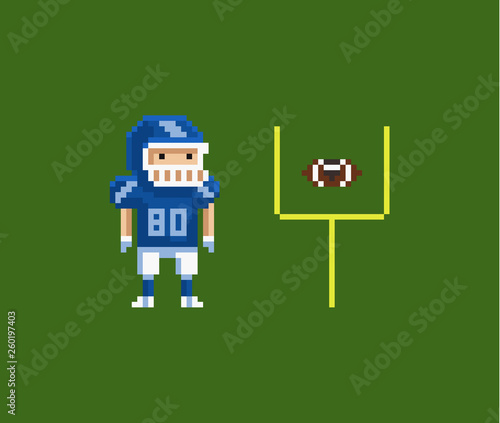 Vector pixel art illustration - American football gridiron player, oval-shaped football and goalposts