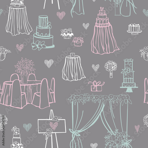 Wedding flowers, cake, decoration for chairs, bridal bouquet. Vector seamless pattern.