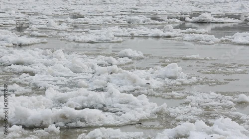 Cracked ice floes floating on the Siberian river, Altay