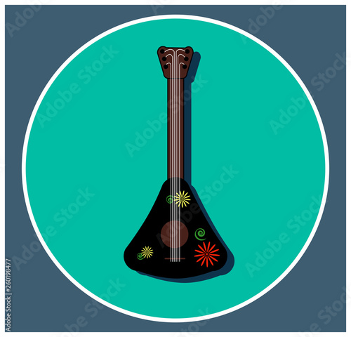 Colorful Musical instrument balalaika with floral ornament. Folk Russian music. Black object isolated on a blue background. Flat logo vector illustration. Educational cards stringed musical instrument