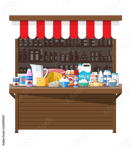 Milk street market store stall. Farmer shop or showcase counter. Dairy products set collection of food. Milk cheese yogurt butter sour cream cottage cream farm products. Vector illustration flat style