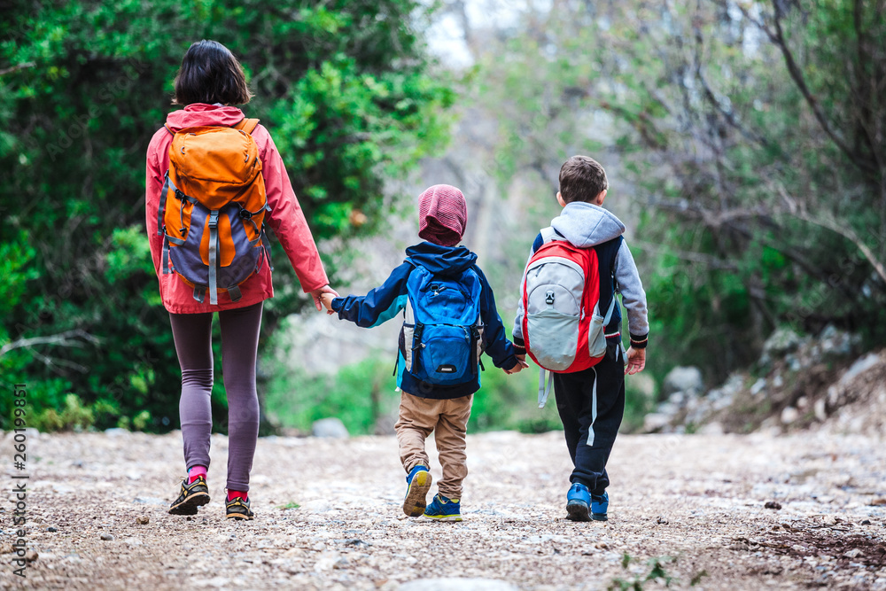 A woman with two children goes through the forest. A woman with two children goes through the forest.