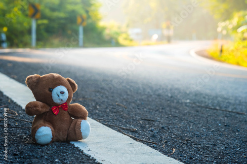 Teddy bear sit on small and curve upcountry or outback road when sunshine in the morning time photo