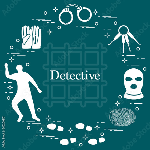 Criminal and detective elements. Crime, law and justice vector icons.