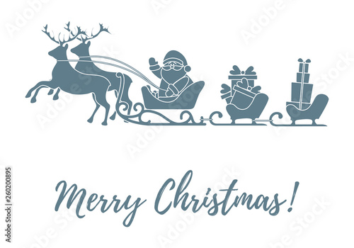 Santa Claus with Christmas presents in sleighs with reindeers. New Year and Christmas illustration.
