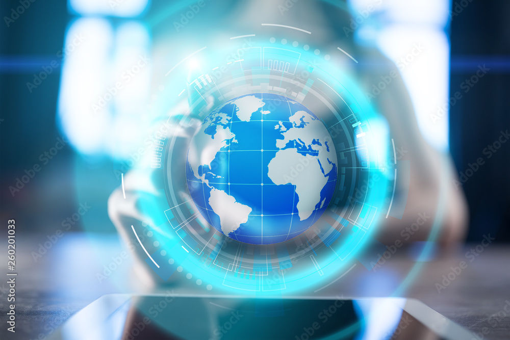Planet earth hologram projection on virtual screen. Mixed media, Global communication and international business concept. Planet earth hologram projection on virtual screen. Mixed media, Global communication and international business concept.