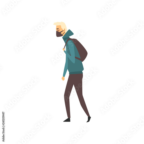 Man Wearing Protective Face Mask, People Suffering from Industrial Smog Vector Illustration