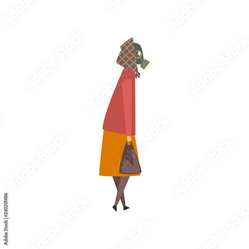 Woman Wearing Protective Gas Mask, People Suffering from Industrial Smog Vector Illustration