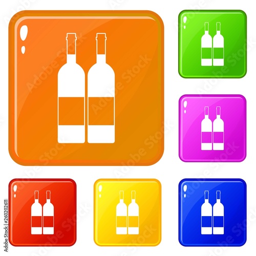 Two bottles of wine icons set collection vector 6 color isolated on white background