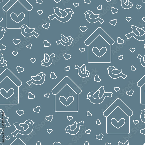 Seamless pattern with birds, birdhouses and hearts