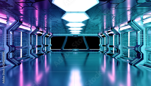 Fototapeta Naklejka Na Ścianę i Meble -  Dark blue pink spaceship futuristic mockup interior with window view 3d rendering