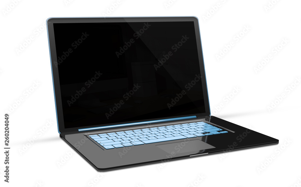Isolated modern black laptop with shadow side view 3d rendering Isolated modern black laptop with shadow side view 3d rendering
