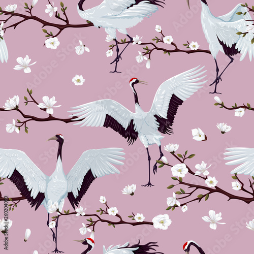 seamless pattern with japanese cranes and blooming magnolia