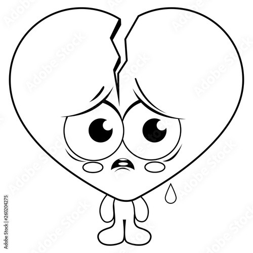 Cartoon broken heart character. Vector black and white coloring page