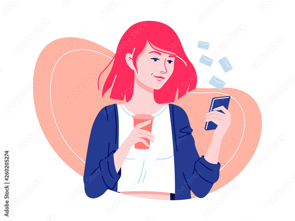 Social networks. Young happy woman standing with smartphone and coffee chatting with friends. Internet communication. Isolated flat vector illustration.