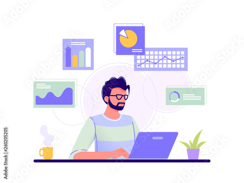 Office worker. Man is working at his laptop and the infographics on the background. Blue, green, yellow. Isolated flat vector illustration.