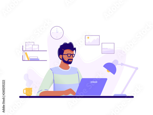 Office worker. Man is working at his laptop in the office interior. Blue, green, yellow. Isolated flat vector illustration.