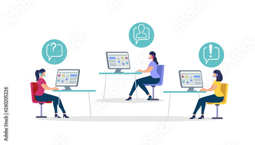 Women Wearing Head Set Sit at Desks with Computer