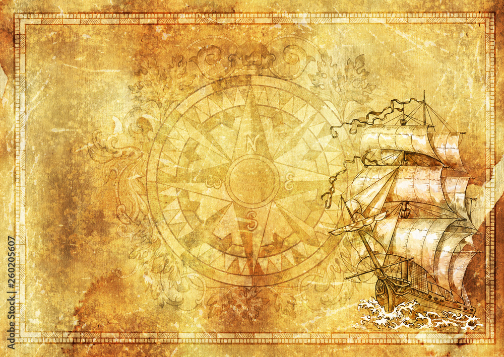 Fototapeta premium Marine background, ancient sailing vessel, baroque decorated compass on grunge texture