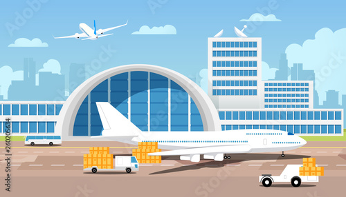 Airplane and Parcels on Trucks Come from Warehouse