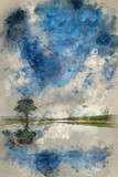 Watercolour painting of Dramatic stormy sky reflected in dew pond countryside landscape