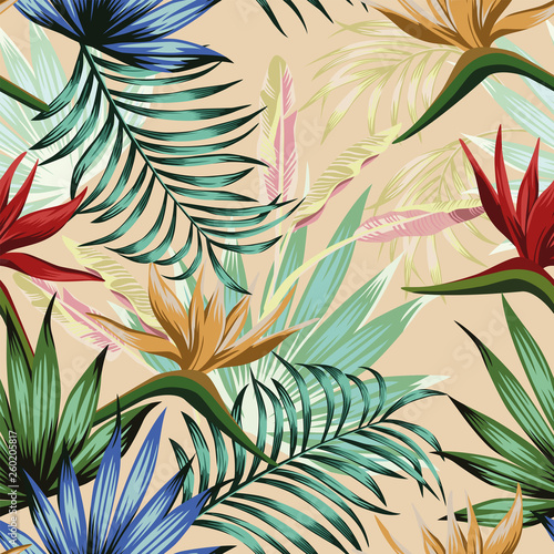 Vivid tropical jungle seamless beige background