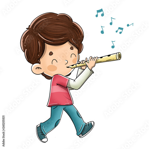 Niño tocando la flauta mientras camina photo