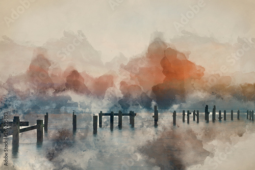 Fototapeta Watercolour painting of Stunning peaceful sea landscape of old derelict pier fou