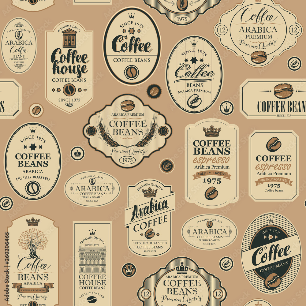 Vector seamless pattern on coffee and coffee house theme with various labels in retro style on the beige background. Can be used as wallpaper or wrapping paper