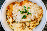 Closeup Japanese food ,Katsudon is Japanese fast food (bowl of rice topped with fried pork cutlet and eggs) .