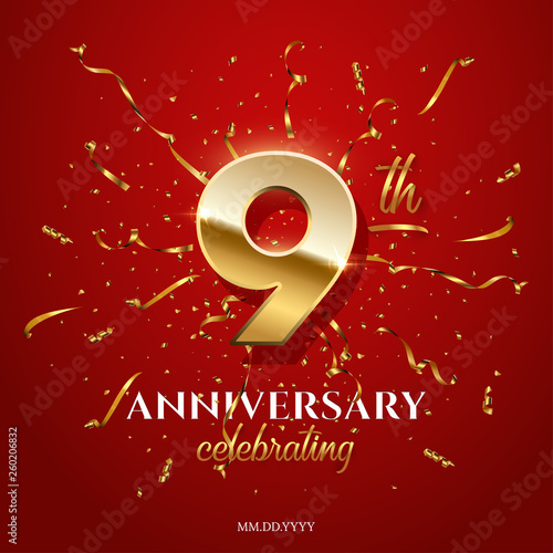 9 golden number and Anniversary Celebrating text with golden serpentine and confetti on red background. Vector ninth anniversary celebration event square template.