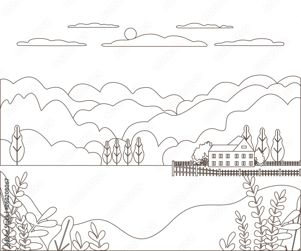 Thin line outline landscape rural farm. Panorama outdoor design village modern with mountain, hill, tree, sky, cloud and sun. Line art style abstract background, linear vector illustration