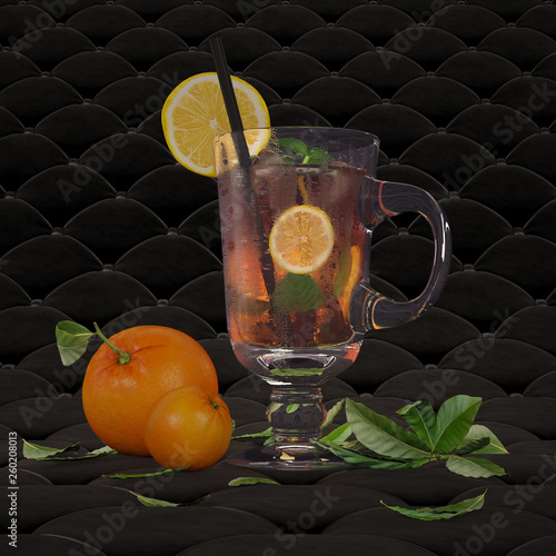 Iced tea with mint, lemon and ice.
