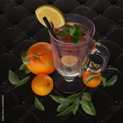 Iced tea with mint, lemon and ice.