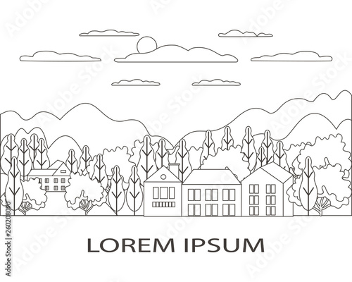 Thin line outline landscape rural farm. Panorama outdoor design village modern with mountain, hill, tree, sky, cloud and sun. Line art style abstract background, linear vector illustration