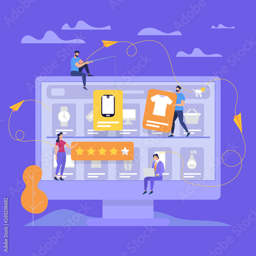 Huge Monitor with People Make Online Shopping.