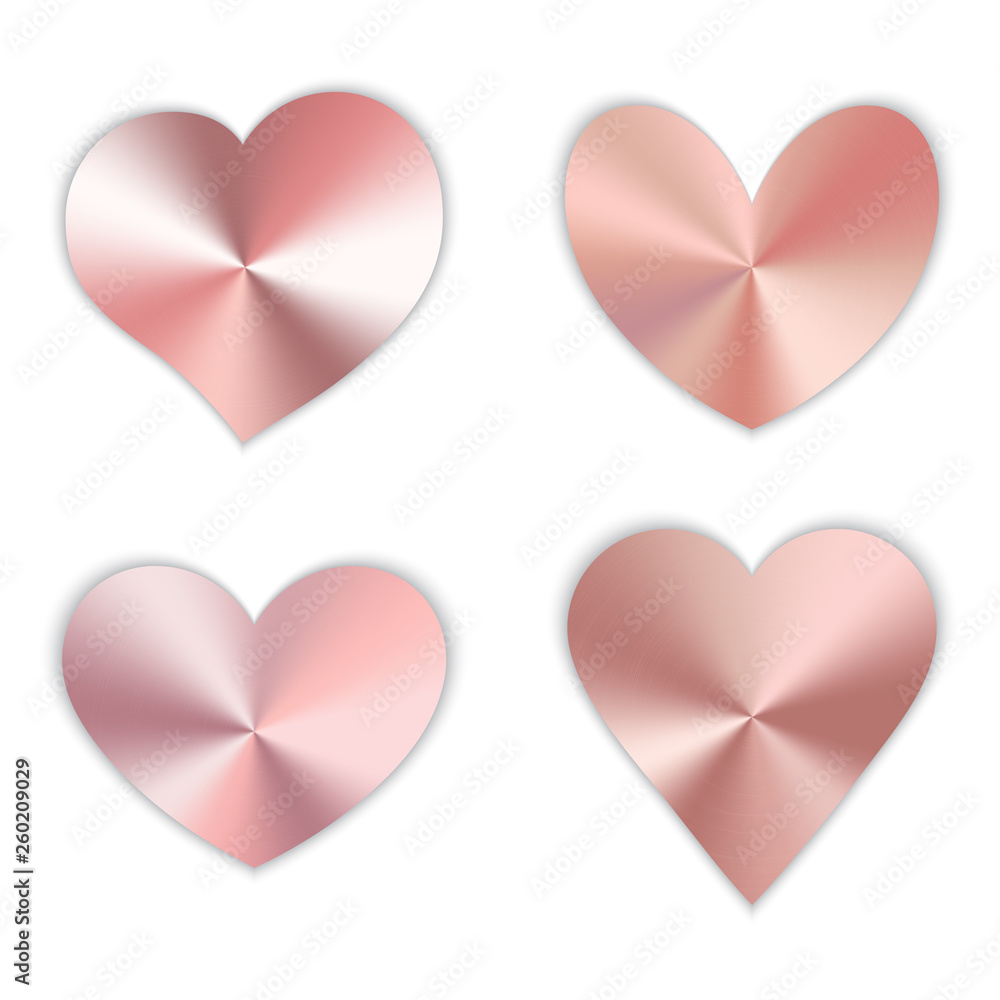 Set of vector hearts with rose gold texture for a romantic design for Valentine's Day, design of cards for Mother's Day, March 8th and birthday.