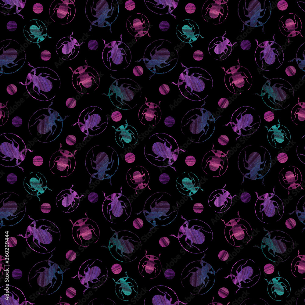 insect and geometric figures with violet and blue colors texture over a dark color