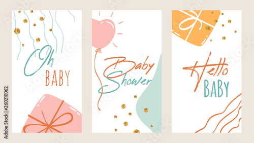 Baby Shower Invitation Template with hand drawn elements, lettering, cute gifts, balloon, gold glitter dots. Vector cards