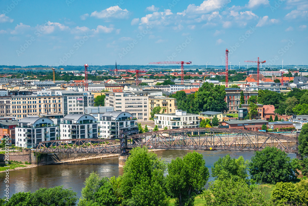Panoramic bird view of river Elbe, old and new town, parks in Magdeburg, Germany