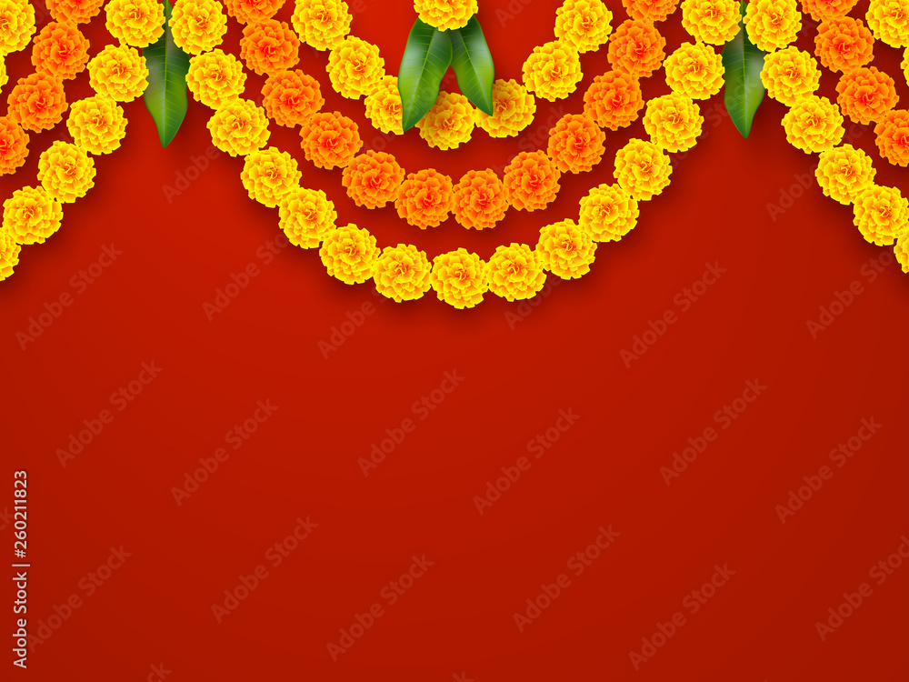 Indian holiday background. Floral garland with yellow flowers and mango  leaves. Traditional decoration for wedding, hindu holidays. Vector border  ring with copy space. Stock Vector | Adobe Stock