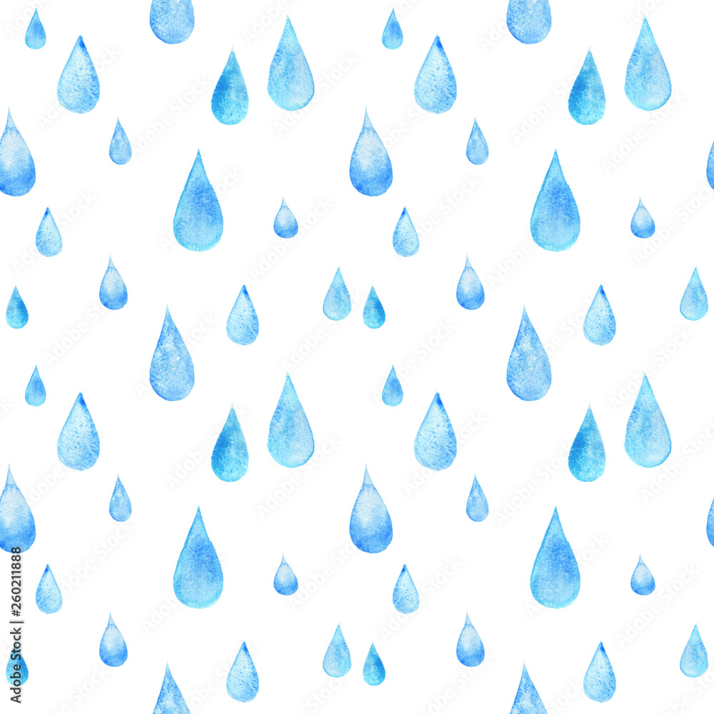 Hand painted watercolor rain drops  seamless pattern isolated on white  - obrazy, fototapety, plakaty 