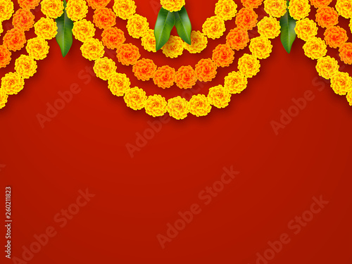 Indian holiday background. Floral garland with yellow flowers and mango leaves. Traditional decoration for wedding, hindu holidays. Vector border ring with copy space.