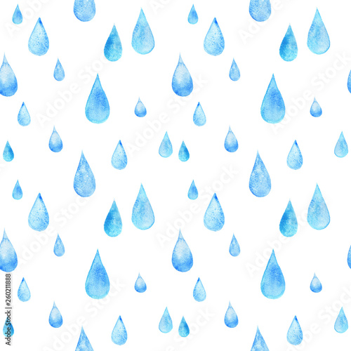 Hand painted watercolor rain drops seamless pattern isolated on white 
