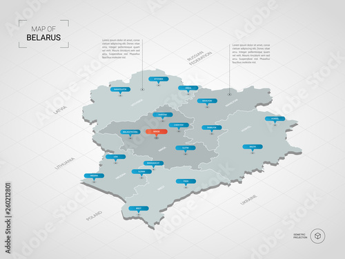 Isometric 3D Belarus map. Stylized vector map illustration with cities, borders, capital, administrative divisions and pointer marks; gradient background with grid. 