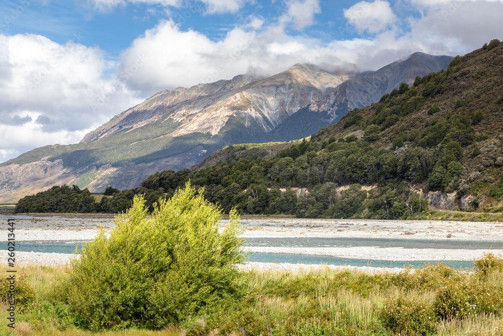 riverbed landscape scenery Arthur's pass in south New Zealand