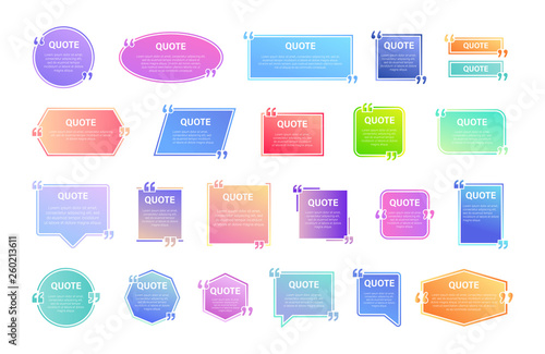 Quote box frame, big set. Texting quote boxes. Colored gradient blank template quote text info design boxes quotation bubble blog quotes symbols. Creative vector banner illustration.
