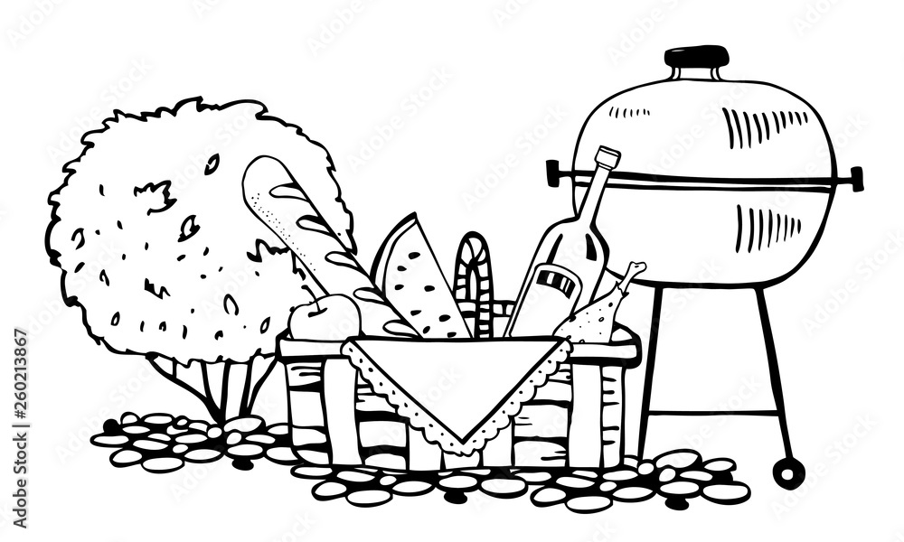 Grill and picnic basket with food on the ground with bush on the  background. Outline vector sketch illustration black on white background  Stock Vector