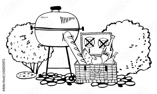 Grill and open picnic basket with food on the ground with bushes on the background. Outline vector sketch illustration black on white background